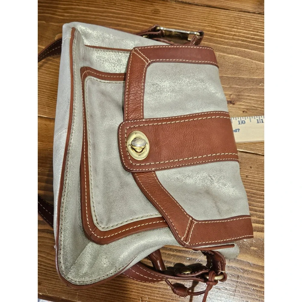 VTG Y2K Boho Chic Hobo SAK Metallic Gold Brown Leather Shoulder Bag Tassel